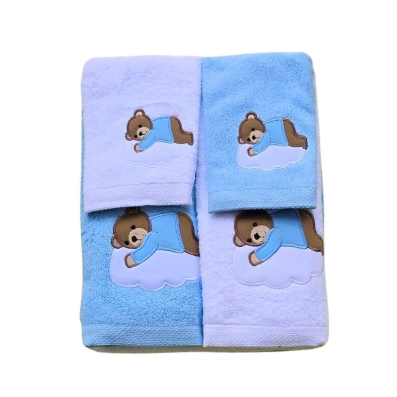 Juego toallas bebe osito bordado azul y blanco - Algodonea