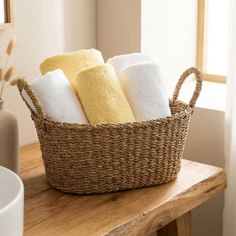 Toallsa de bidet amarillas y blancas en una cesta sobre una encimera de un baño luminoso. Fabricadas en Portugal - Algodonea