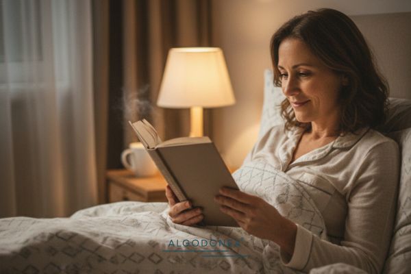 Mujer leyendo un libro en la cama con sábanas de coralina - Algodonea textil hogar