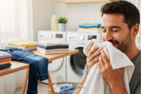 Hombre de unos 30 años oliendo unas toallas blancas que parecen oler muy bien - Algodonea textiles portugueses