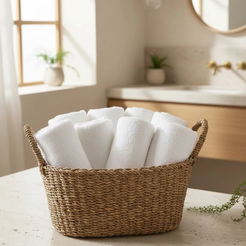 Pack toallas bidet fabricadas en Portugal dentro de una cesta de mimbre - Algodonea