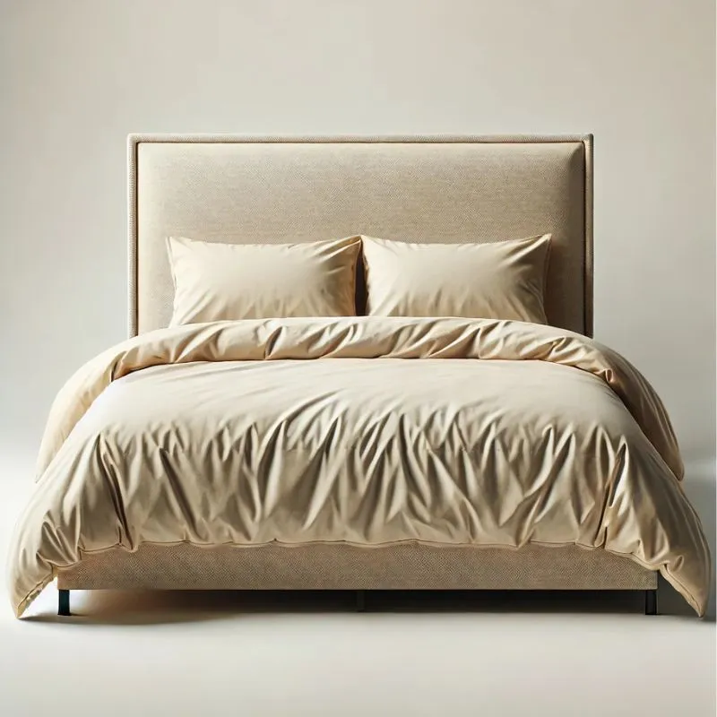 Funda nórdica beige lisa colocada sobre una cama doble- Algodonea