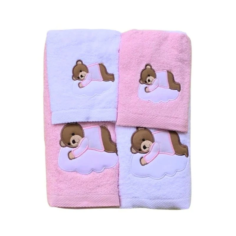 Juego toallas bebe osito bordado rosa y blanco - Algodonea
