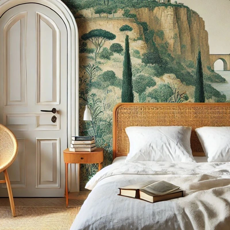 Habitación elegante con papel de pared con paisaje mediterráneo, puerta blanca con arco de media punta y cama con funda y relleno de verano - Algodonea
