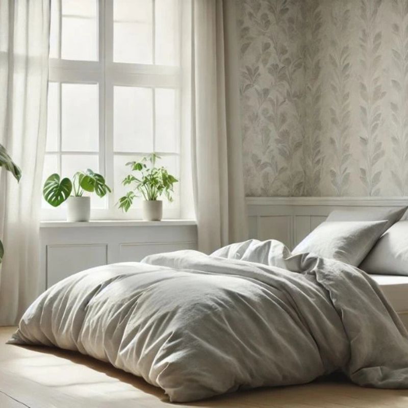 Pack nórdico y funda invierno - Habitación con cama, ventana y plantas en estilo nórdico - Algodonea