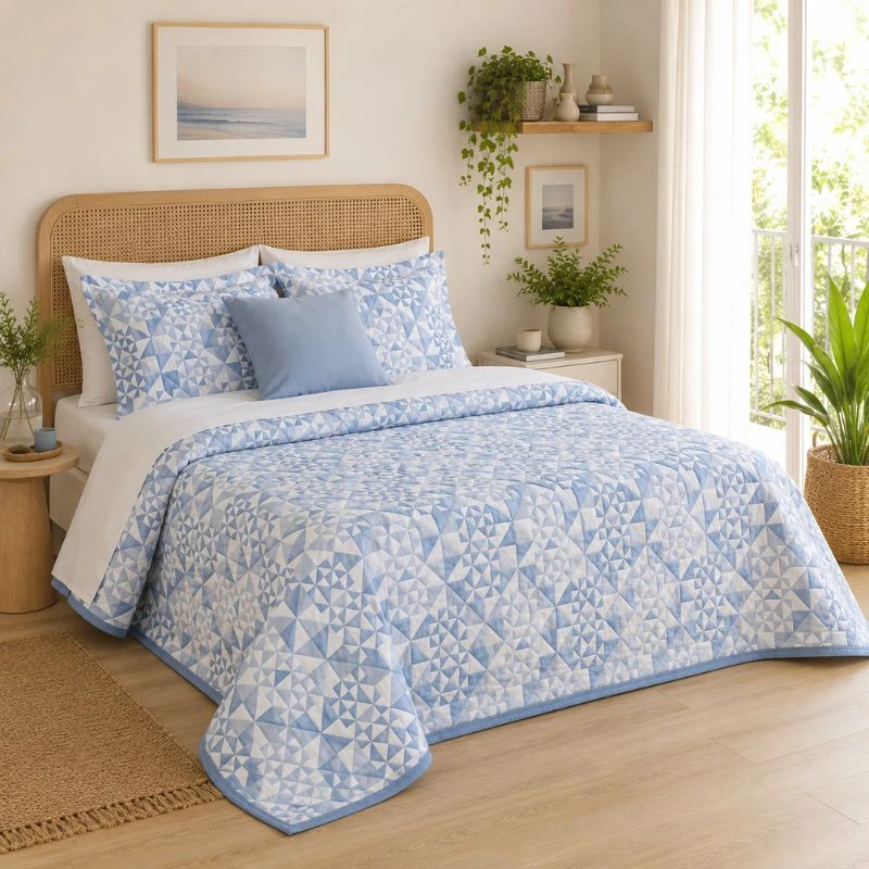 Colcha reversible azul y blanca modelo Vigo de formas triángulares combinando azul celeste y blanco fabricada en Portugal - Algodonea