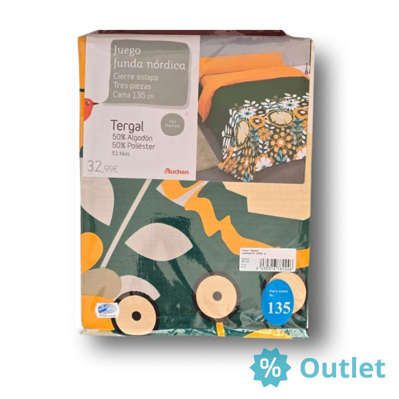 Funda nórdica de 135 cm de flores naranjas, azules y blancas sobre fondo negro, doblada en su bolsa original - Algodonea Outlet