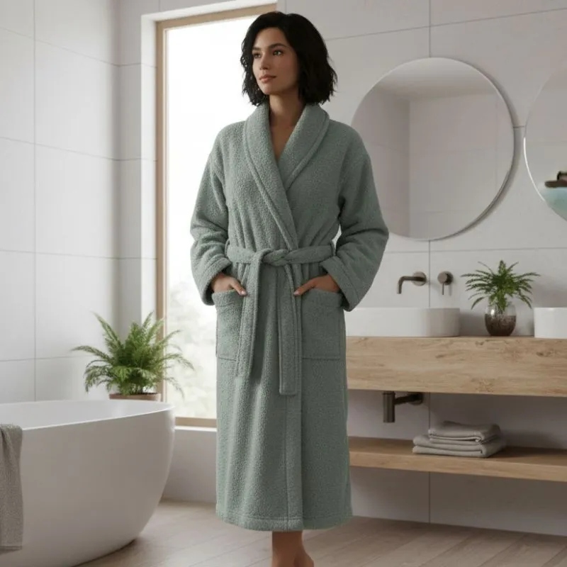 Mujer en un baño vistiendo el Albornoz verde grisaceo fabricado en Portugal - Algodonea