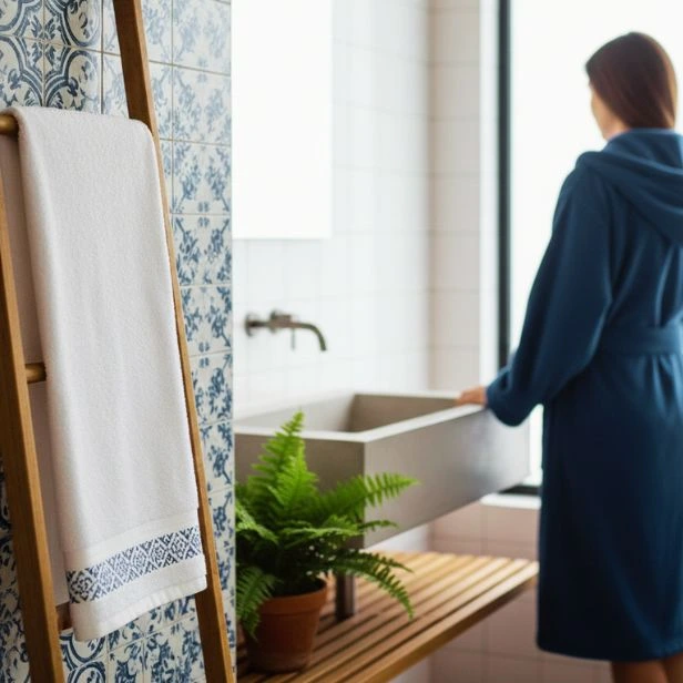 Mujer en albornoz de espaldas en un baño de inspiración portuguesa - Algodonea