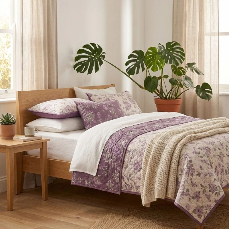Colcha lila y blanca flores 180 cm - Algodonea