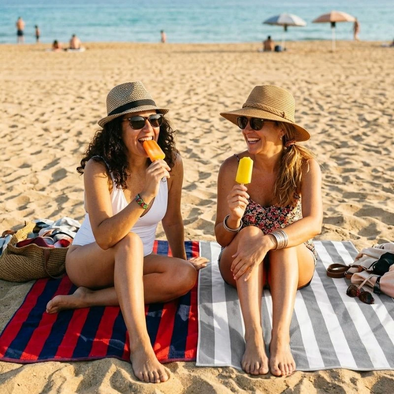 Dos amigas de 40 años en la playa sobre las toallas de playa de Algodonea comiendo helados